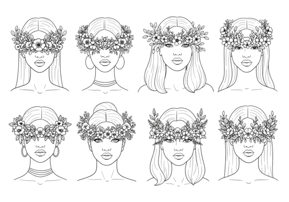 8 Women Floral Crown Line Art Clipart
