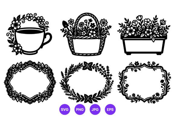 Black Floral Cup Basket Planter Vector