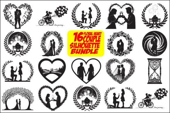 Floral Heart Couple Silhouette