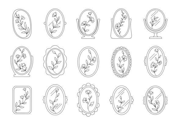 Floral Mirror Clipart Outline Vector Set