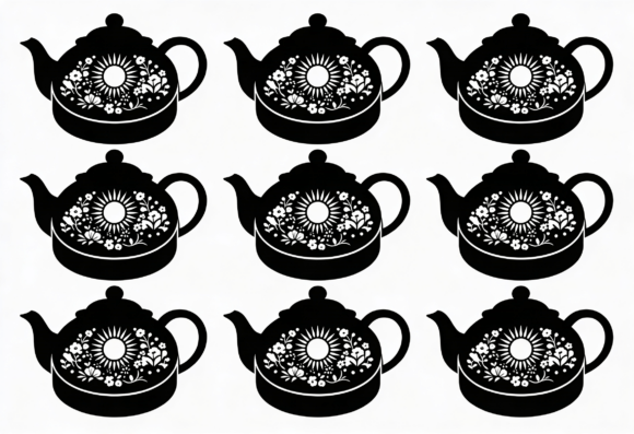 Floral Sun Teapot Black White Cut File