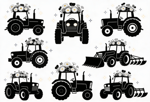 Floral Tractor Clipart Bundle