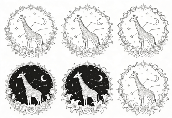 Giraffe Celestial Floral Wreath Clipart