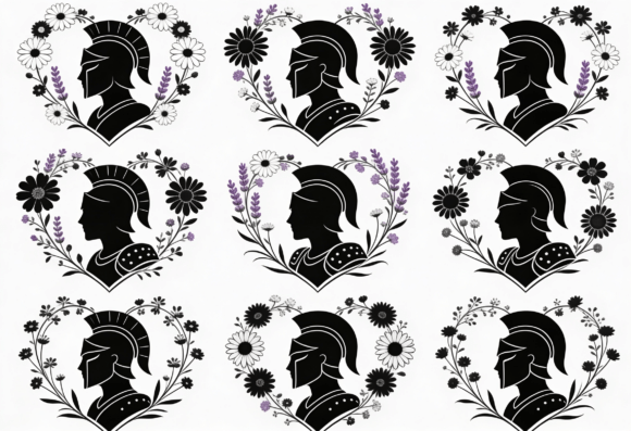 Spartan Warrior Silhouette Floral Heart